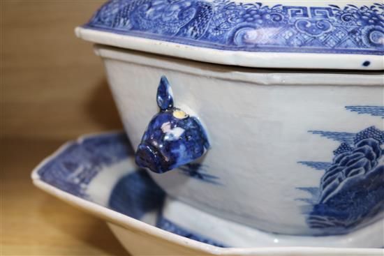 A Chinese blue and white large tureen, cover and a similar dish, Qian Lung period